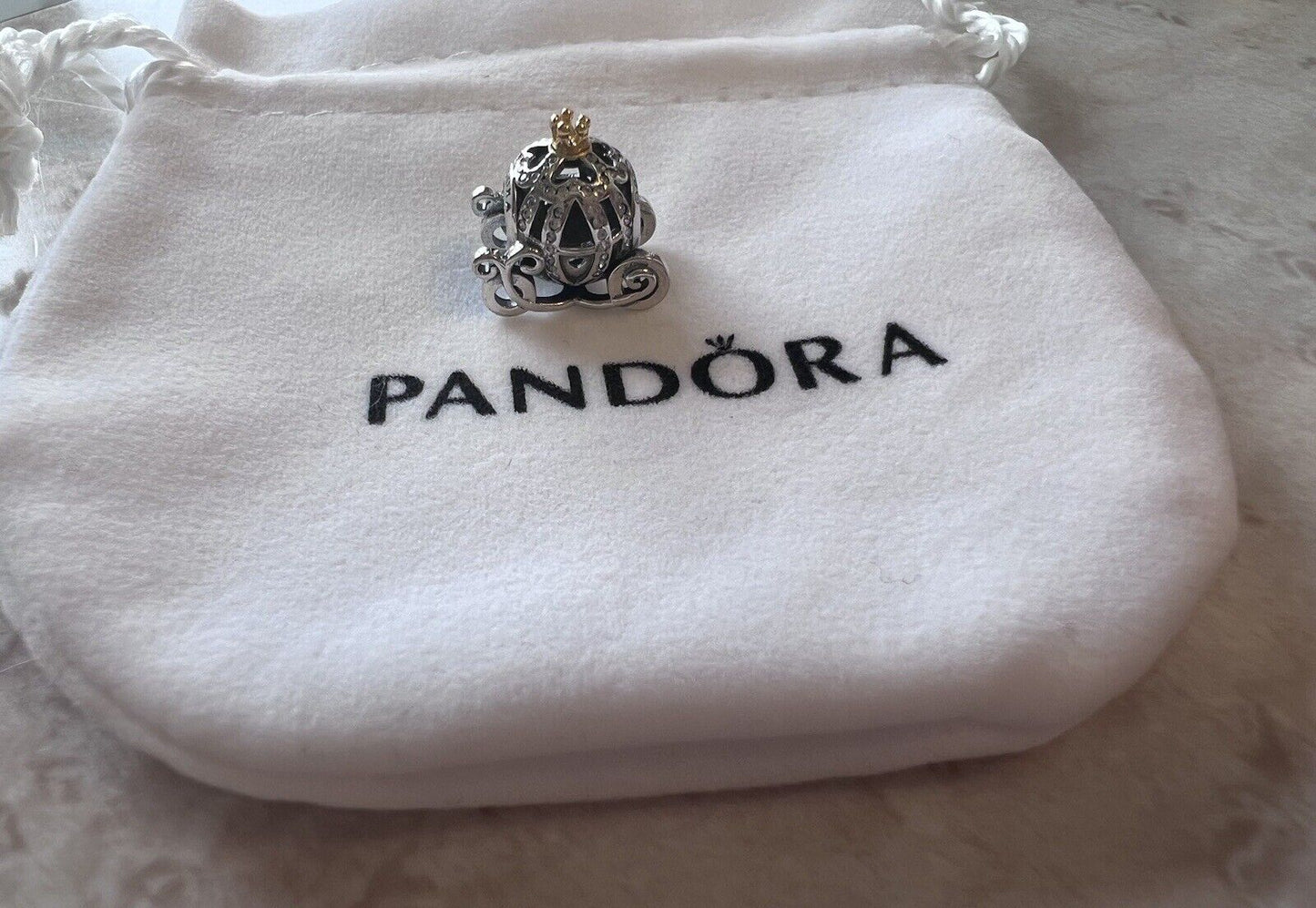 Authentic PANDORA Silver Cinderella Sparkling Carriage🎃 Charm💗 Flannelette Bag