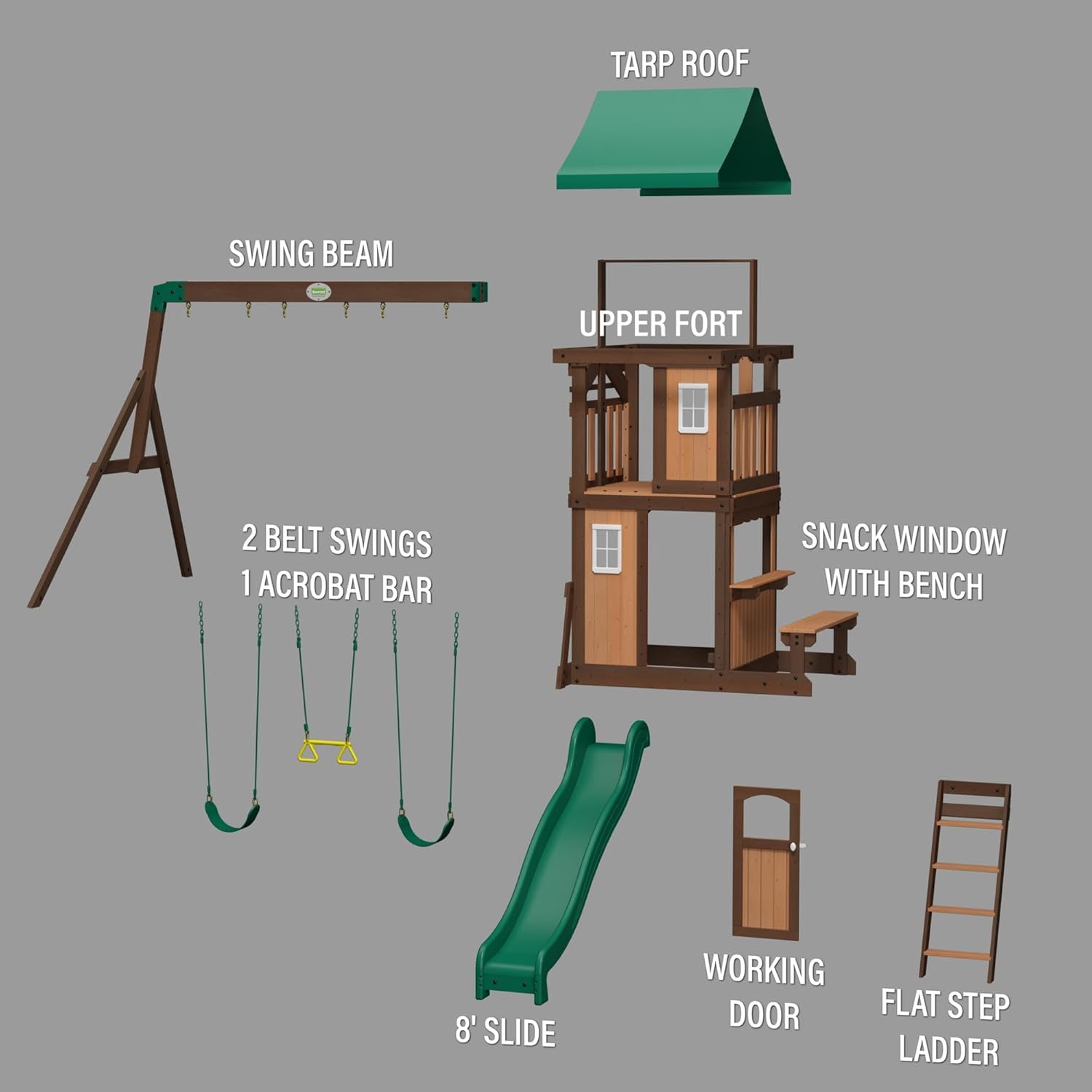 Lakewood Cedar Wood Swing Set, Covered Upper Deck with White Trim Window, Slide with Rails, Lower Fort Area with Door and Attached Bench, Swing Belts, Trapeze Bar, Stair Ladder