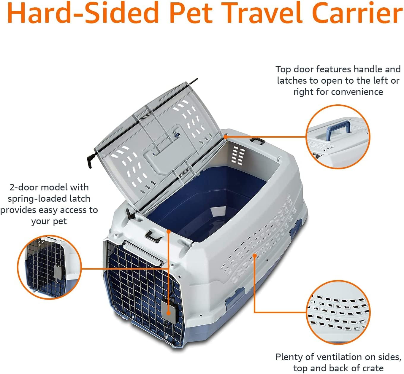 - 2-Door Top-Load Hard-Sided Dogs, Cats Pet Travel Carrier, Gray & Blue, 22.8"L X 15.0"W X 13.0"H