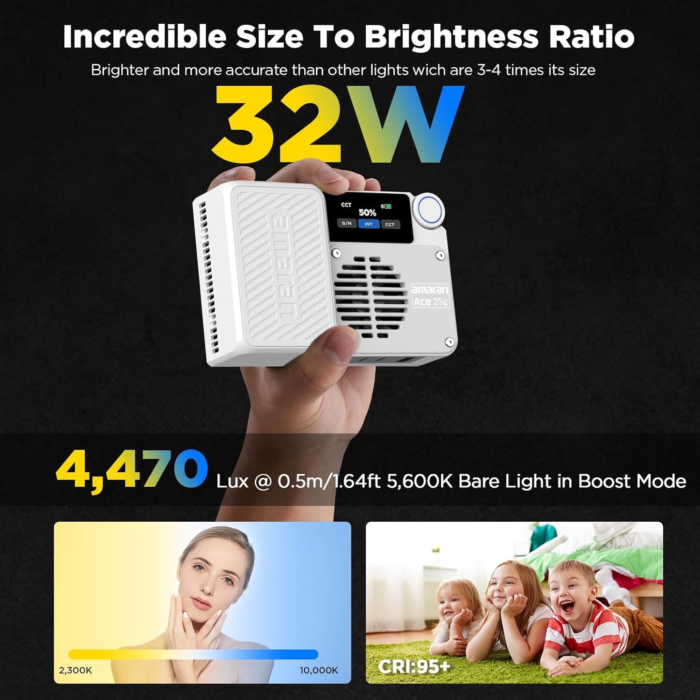 Ace 25C Pocket RGBWW LED Light, Boost Mode up to 32W, Full-Color Mini Video Light (2,300-10,000K), 1,500 Lux@1M at 5,600K, 4500Mah Battery with PD Fast Charging for Mobile Creators (White)