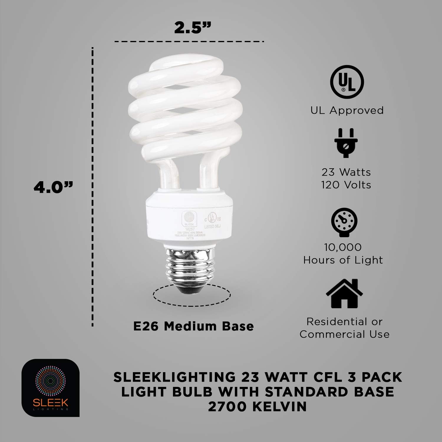 E26 Standard Screw Base 23Watt CFL Light Bulb - 4 Pack 2700 Kelvin for a Warm White and 1600 Lumens (100 Watt Light Bulb Equivalent) - UL Listed