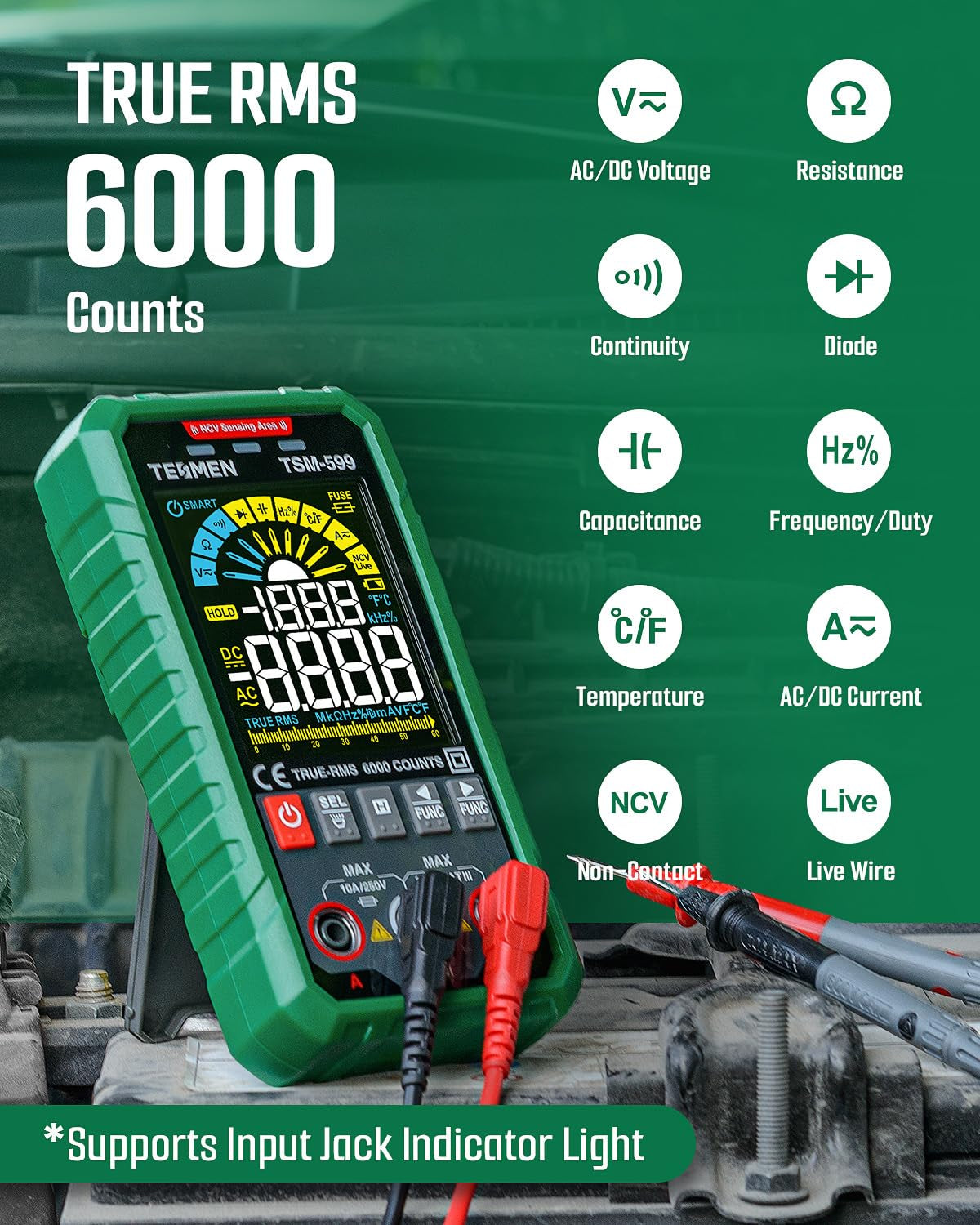 TSM-599 Smart Digital Multimeter, TRMS 6000 Counts, Voltage Tester, Volt Meter with NCV, DC/AC Voltage&Current, Resistance, Continuity, Diode, Capacitance, Hz%, Temperature, Live Wire - Green