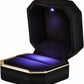 Luxury Ring Box, Square Velvet Wedding Ring Case Jewelry Gift Box with LED Light for Proposal Engagement Wedding, Purple