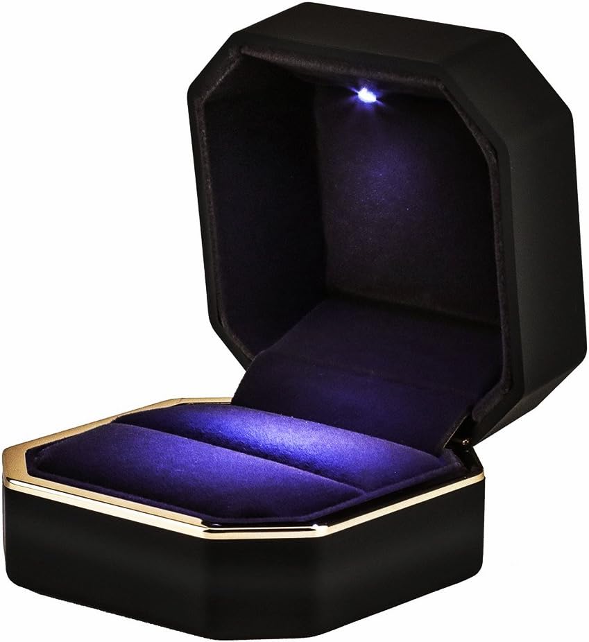 Luxury Ring Box, Square Velvet Wedding Ring Case Jewelry Gift Box with LED Light for Proposal Engagement Wedding, Purple