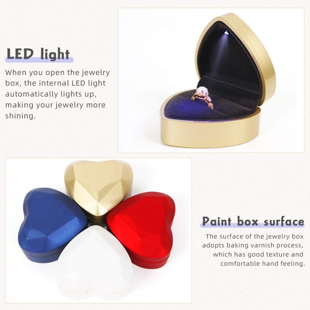 Heart Shaped Ring Box LED Light Engagement Ring Boxes Jewelry Gift Box for Proposal Wedding Valentine'S Day Anniversary Christmas (Golden)