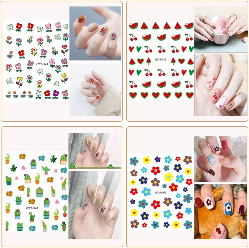 Nail Stickers for Women and Little Girls - 12 Sheets 3D Self-Adhesive DIY Nail Art Decoration Set Including Flowers Leaves Animals Plants Fruits Nail Decals for Woman Kids Girls