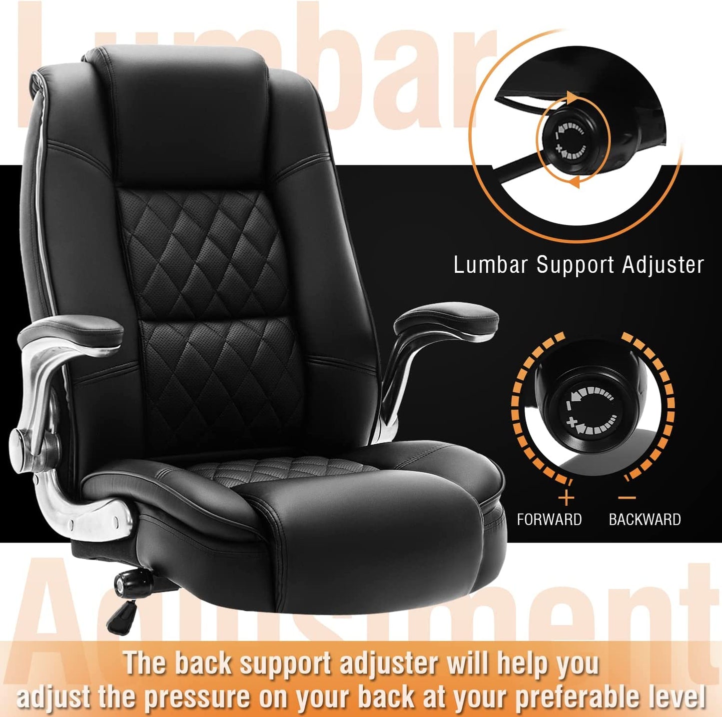 High Back Office Chair- Flip Arms Adjustable Built-In Lumbar Support, Executive Computer Desk Chair Work Chairs, Thick Padded Strong Metal Base Quiet Wheels, Ergonomic Design for Back Pain