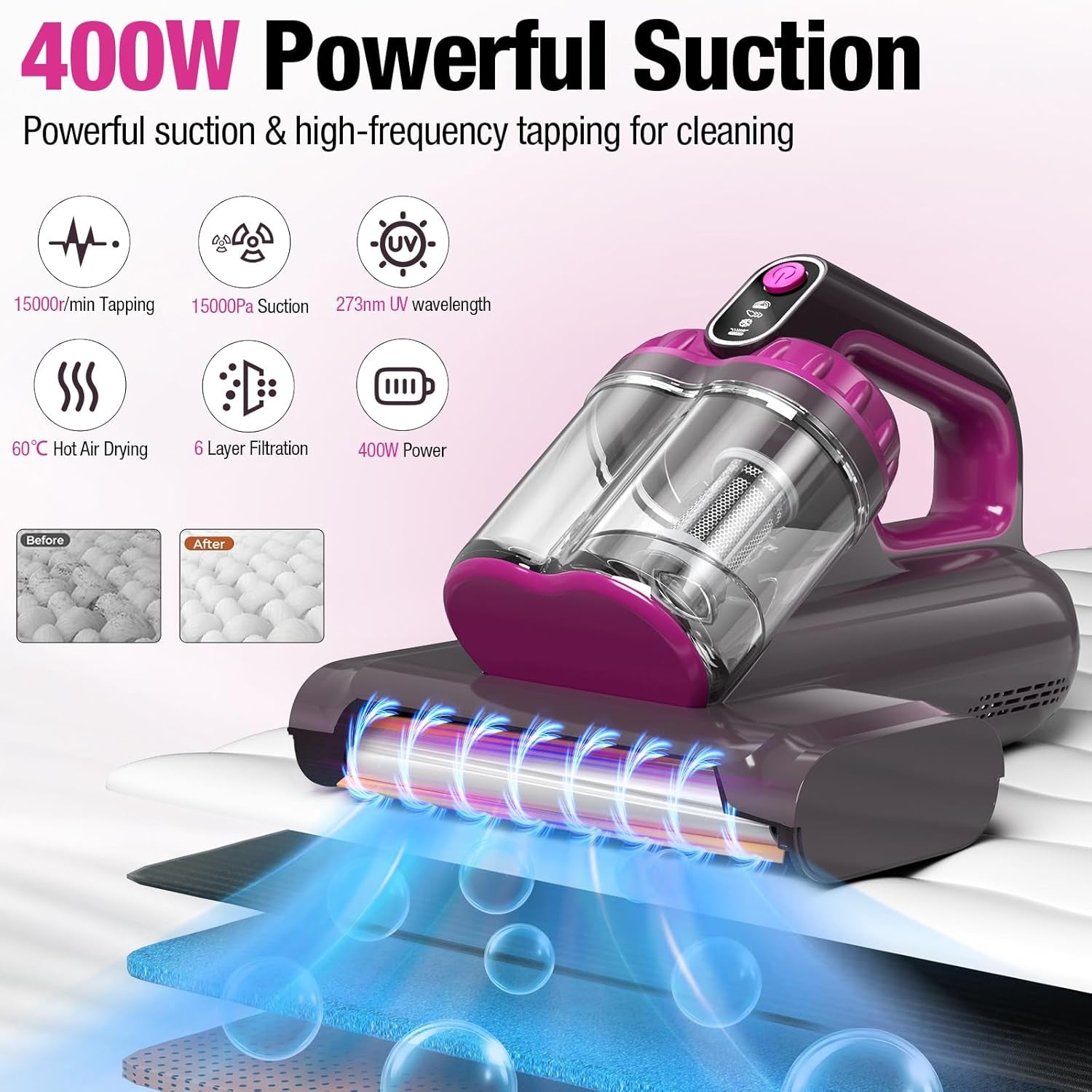 Mattress Vacuum Cleaner 15Kpa Bed Vacuum Cleaner 273Nm UV-C Light & Ultrasonic Heating Tech 400W Handheld Vacuum Wide Suction Port 0.6L Capacity Double Cup for Pillows Cribs Sofa Black Corded