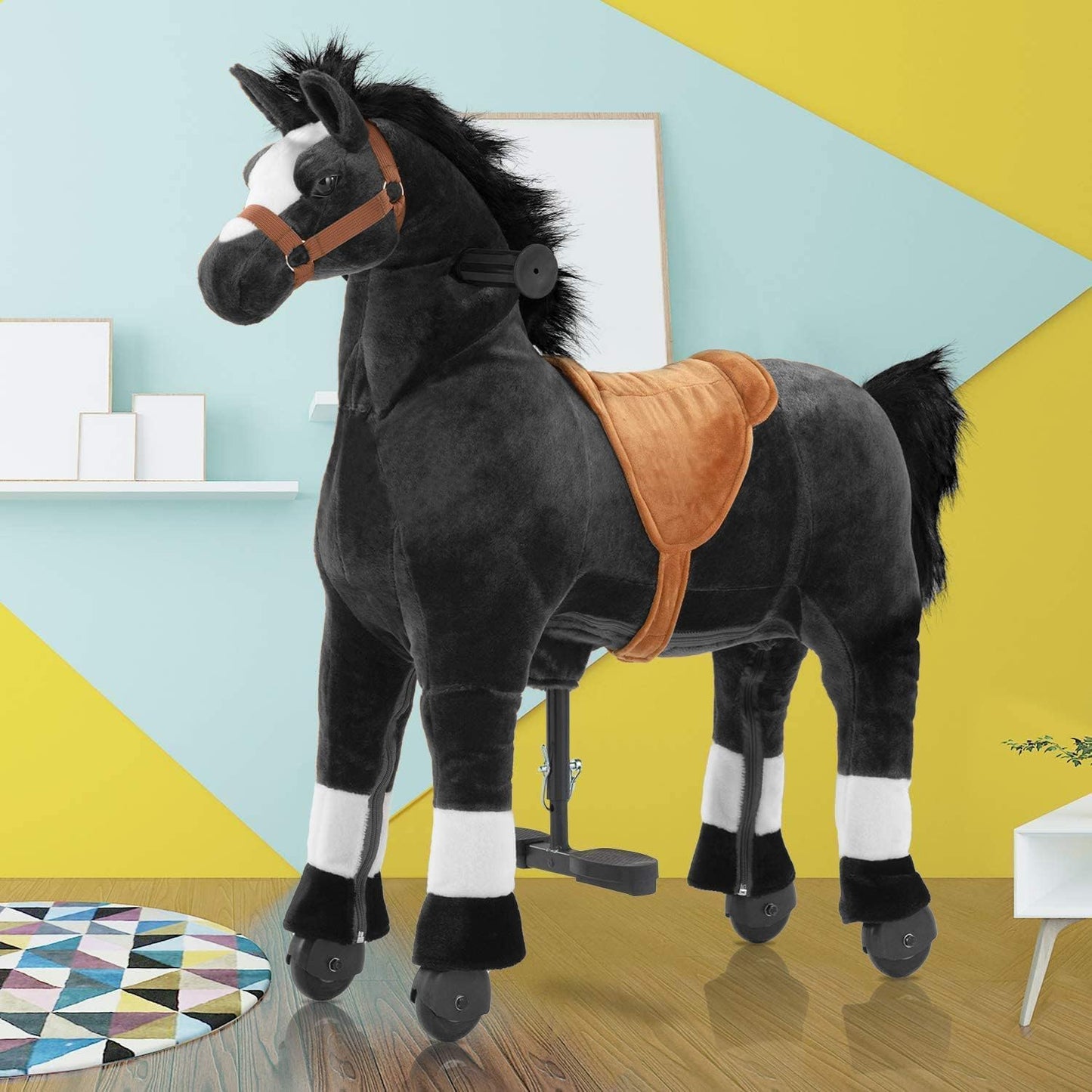 Ride on Horse for Kids, (41.33'' Height) Horse Ride on Toy, Riding Horse Rider Mechanical Walking Action Plush Animal for 7 Years Old to Adult, No Battery or Electricity, Max Load 187 LBS - BK