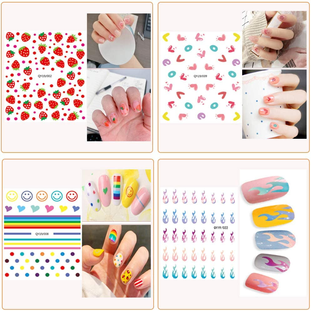 Nail Stickers for Women and Little Girls - 12 Sheets 3D Self-Adhesive DIY Nail Art Decoration Set Including Flowers Leaves Animals Plants Fruits Nail Decals for Woman Kids Girls