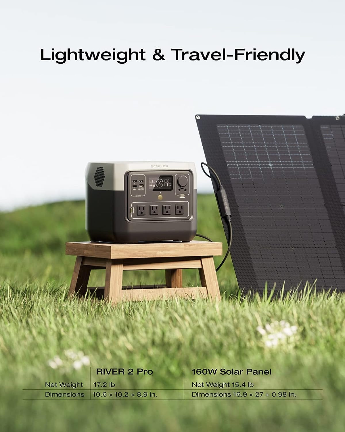 Solar Generator River 2 Pro 768Wh Portable Power Station & 160W Portable Solar Panel Lifepo4 Battery 70 Min Fully Charged, 4×AC, for Camping, RV, Home Backup