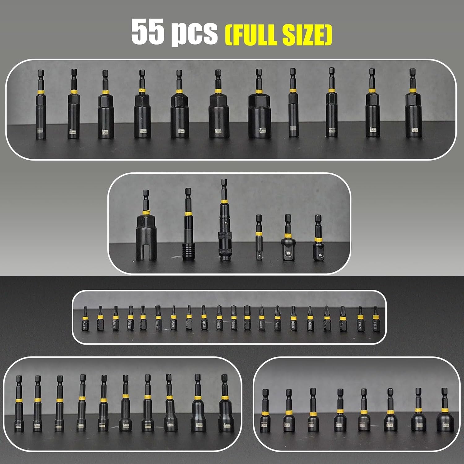 55PCS Impact Nut Driver Set, Deep Nut Driver Set with Wing Nut Driver, Metric & SAE Magnetic Nut Driver Sets with Pivoting Nutsetter Quick-Release Extention, Impact Bits with Socket Adapter