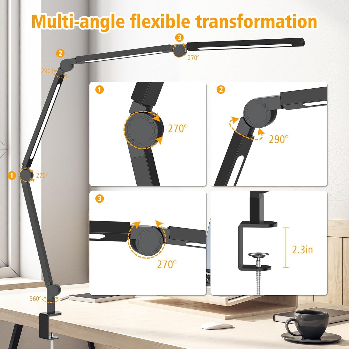 LED Desk Lamp with Clip,Flexible 4 Section 3 Light Source Office Desk Lamp,4 Color Temperatures and 5 Brightness Level Desk Light,Night Eye Protection Task Table Lamp for Home Office Studio Study Nail