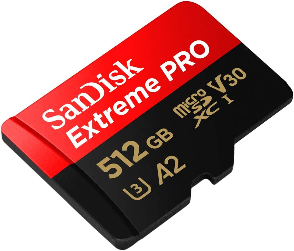 Extreme PRO Microsdxc UHS-I Memory Card 512 GB + Adapter & Rescuepro Deluxe (For Smartphones, Action Cameras or Drones, A2, Class 10, V30, U3, 200 Mb/S Transfer)