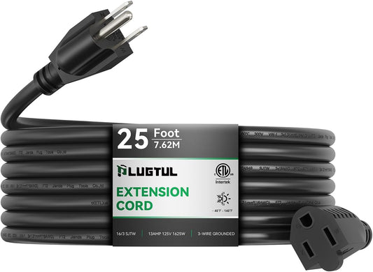 Outdoor Extension Cord 25 FT Waterproof, 16/3 Gauge Black Heavy Duty 3 Prong Extension Cord, 13A 1625W SJTW, ETL Listed, Great for Garden and Home