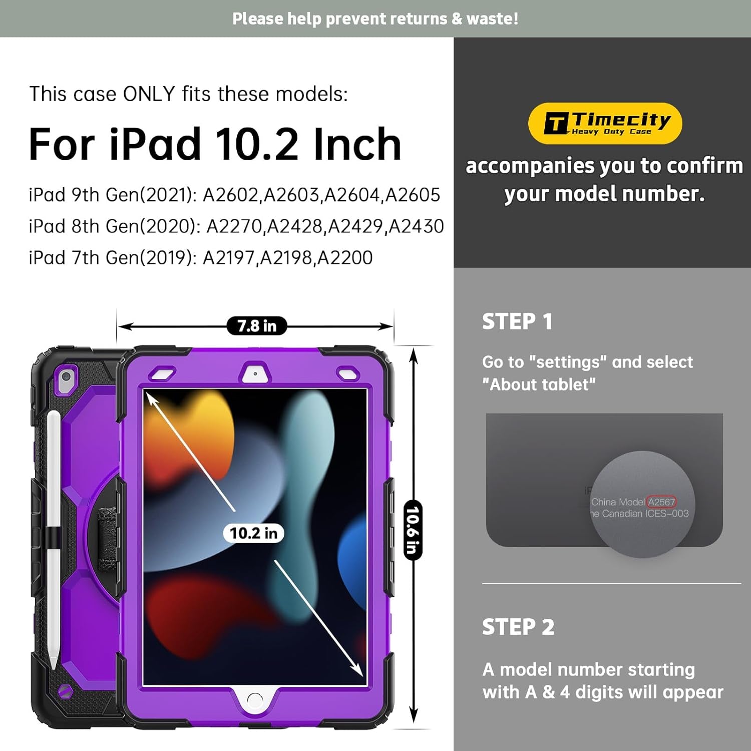 Case for Ipad 9Th/ 8Th/ 7Th Generation 10.2 Inch (Case for Ipad 9/8/ 7 Gen): with Strong Protection, Screen Protector, Hand/Shoulder Strap, Rotating Stand, Pencil Holder - Purple