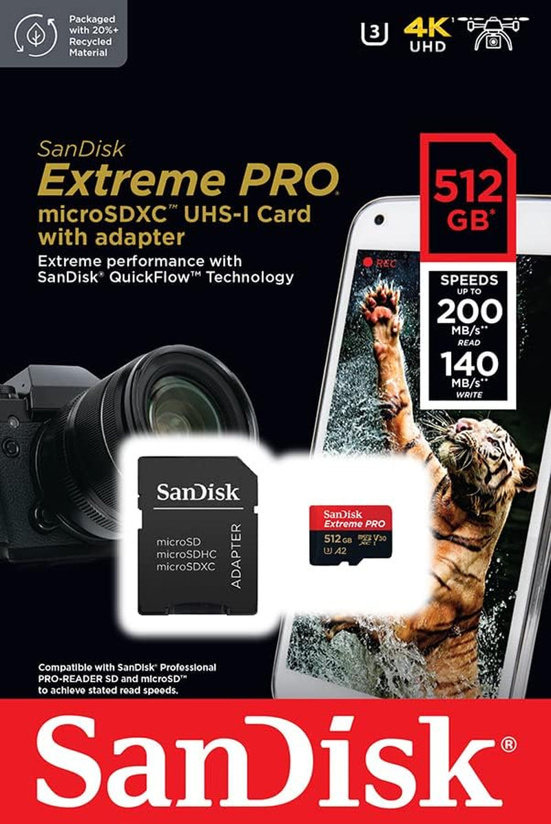 Extreme PRO Microsdxc UHS-I Memory Card 512 GB + Adapter & Rescuepro Deluxe (For Smartphones, Action Cameras or Drones, A2, Class 10, V30, U3, 200 Mb/S Transfer)