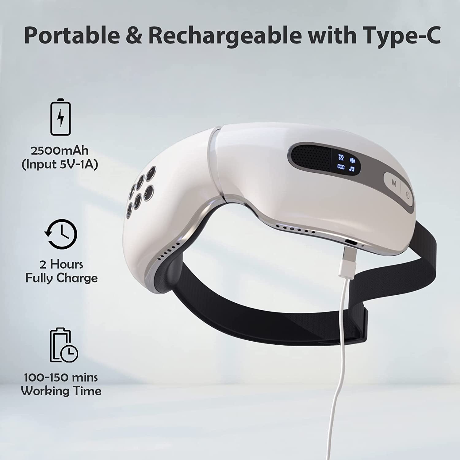 Eye Massager with Heat and Cooling for Migraines, Dry Eyes, Dark Circles, Rechargeable Bluetooth Music Heat Cold Eye Massager Improve Sleeping - Great Gifts for Woman and Man (White)