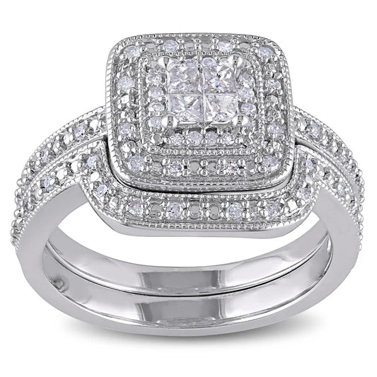 Sterling Silver Princess-Cut Quad 1/3Ct TDW Diamond Double Halo Bridal Ring Set