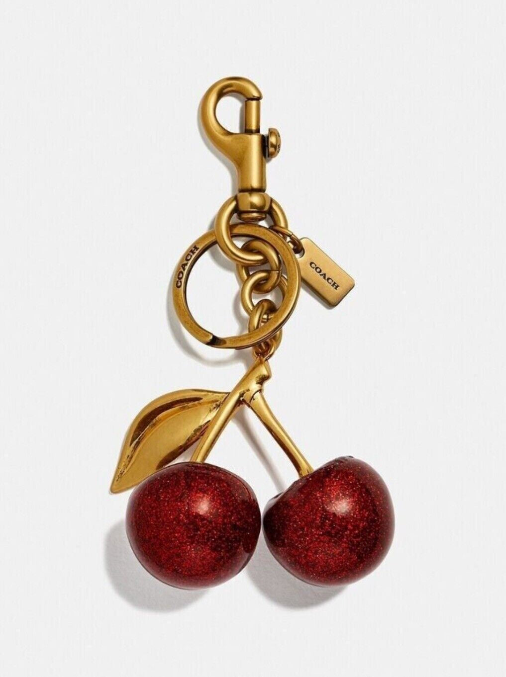 Authentic Coach Cherry Charm Keychain Glitter Resin and Metal Brass/Red Apple