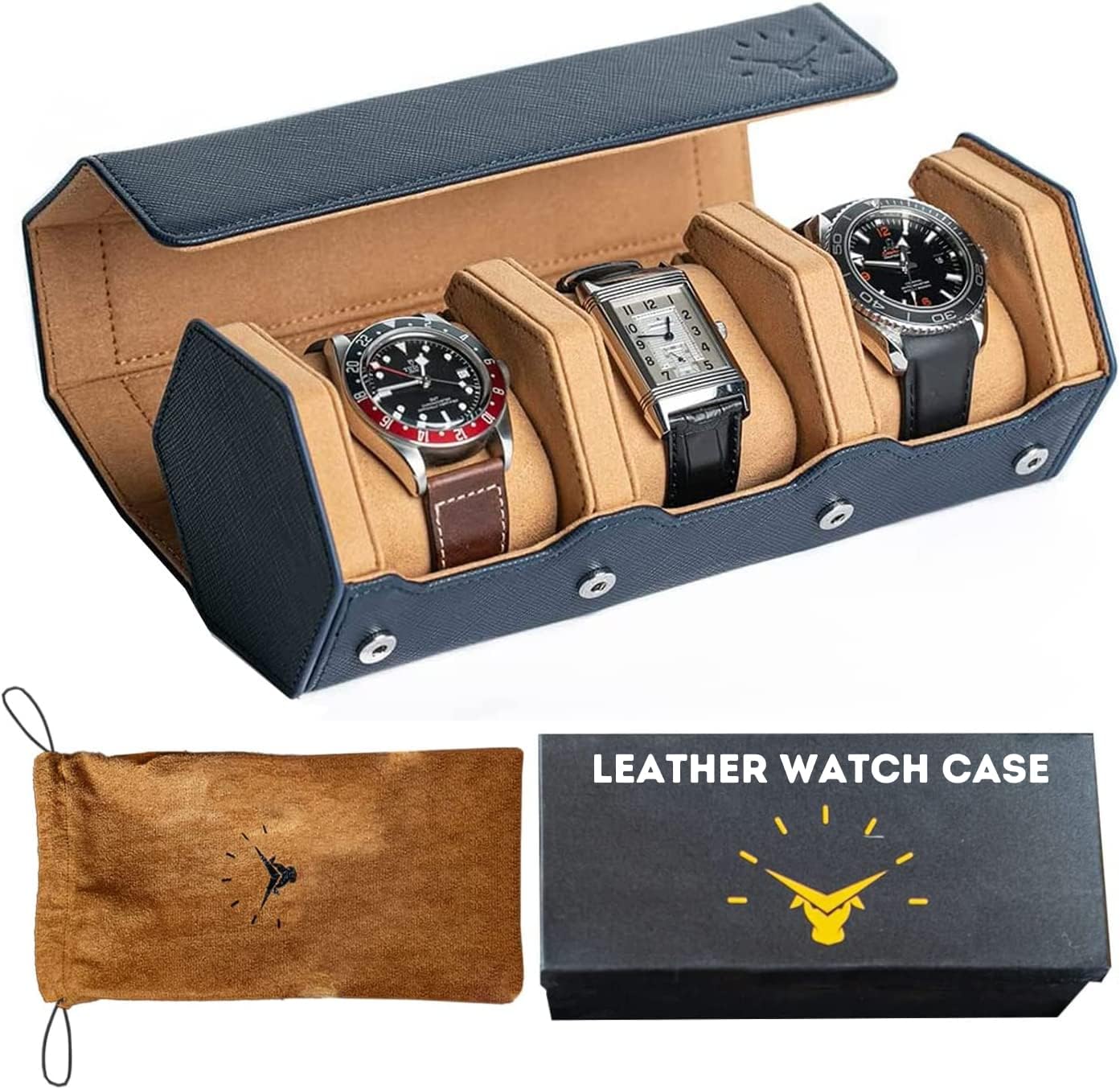 Leather Watch Case - 3 Slot Luxury Watch Leather Watch Roll - Mens Watch Holder Organizer - Durable & Portable Watch Roll Travel Case for Men & Women - Blue