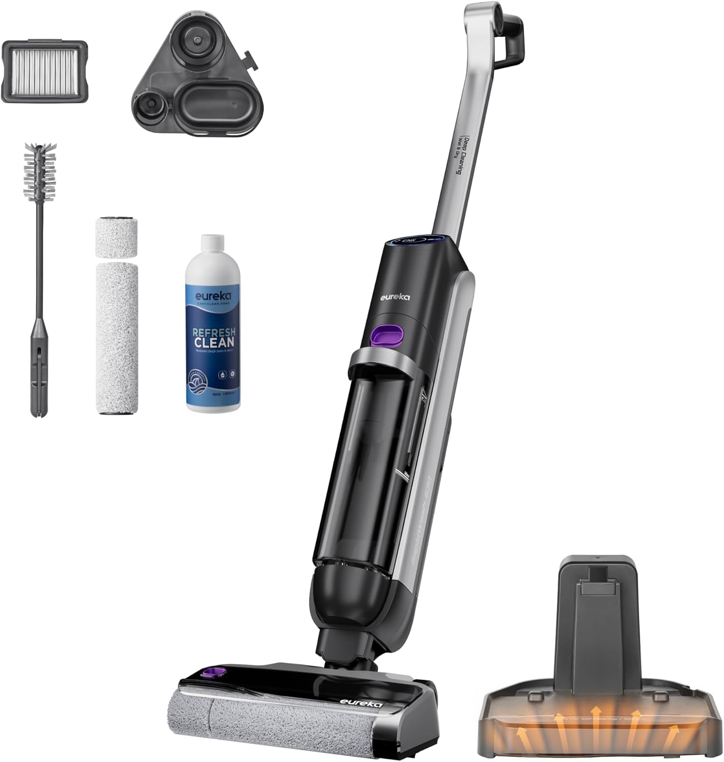 Cordless Wet Dry Cleaner, 170° Reclinable, Hot Air Drying Self Cleaning Vacuum and Mop Combo, Good for Hard Floors Pet Hair Sticky Messes, Rapidwash 630, Purple