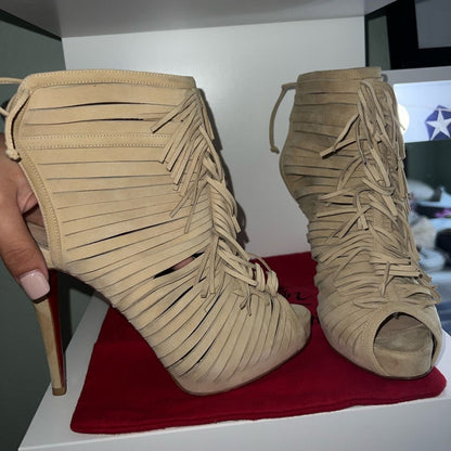 Christian Louboutin Tan Suede Beautiful Fringe Lace-Up Heels, Size 37 1/2. NWOT