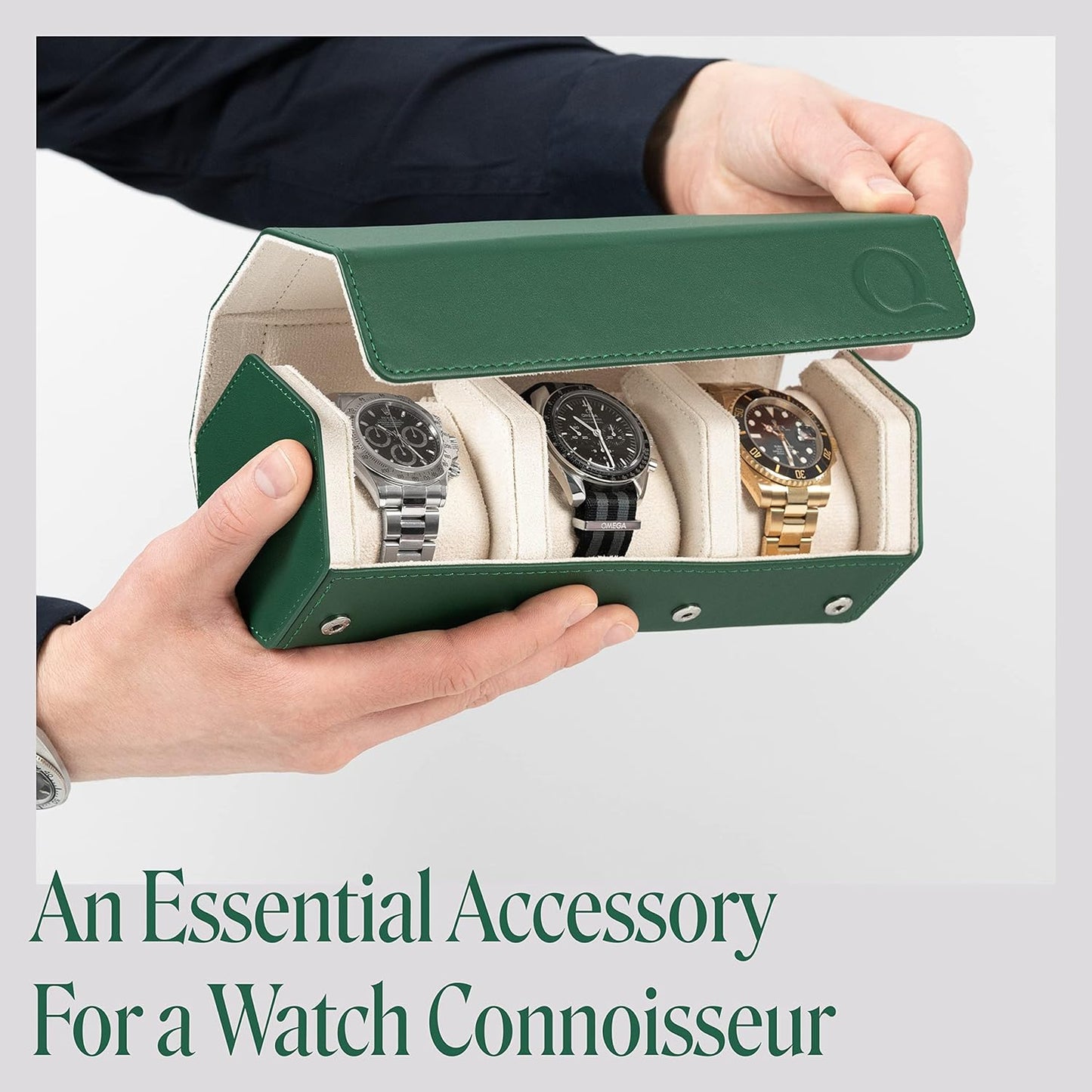 Napa Leather Watch Rolls for Men - Hexagon Triple Watch Roll Travel Case for 3 Watches - Storage Organizer Genuine Leather with Velvet Interior Display (Green/Cream)