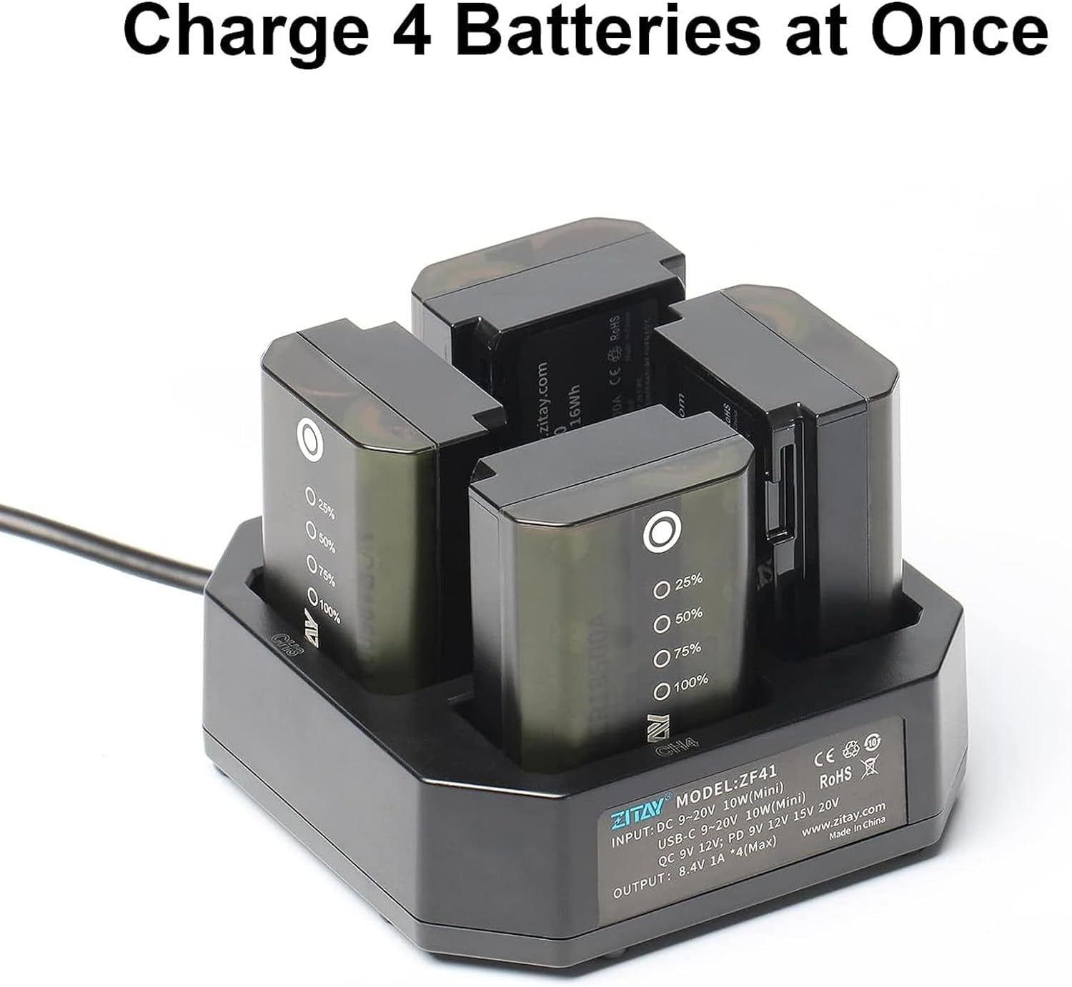 4-Channel Type C Fast Charging Station with PD 65W Quick Charger Adapter for Sony NP-FZ100 Batteries,Compatible with Sony A9 A7III A7RIII Cameras,With LCD Display (Kit)