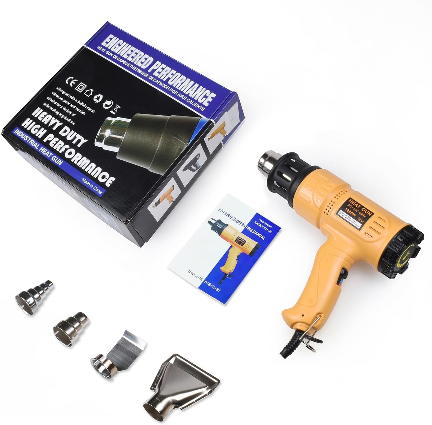 Heat Gun 1800W 122℉-1202℉（50℃- 650℃）Fast Heating Heavy Duty Hot Air Gun Kit Variable Temperature Control Overheat Protection with 4 Nozzles for Crafts, Shrinking PVC, Stripping Paint(5.2Ft)