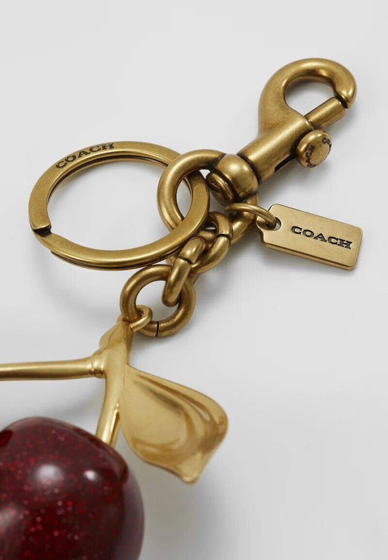 Authentic Coach Cherry Charm Keychain Glitter Resin and Metal Brass/Red Apple