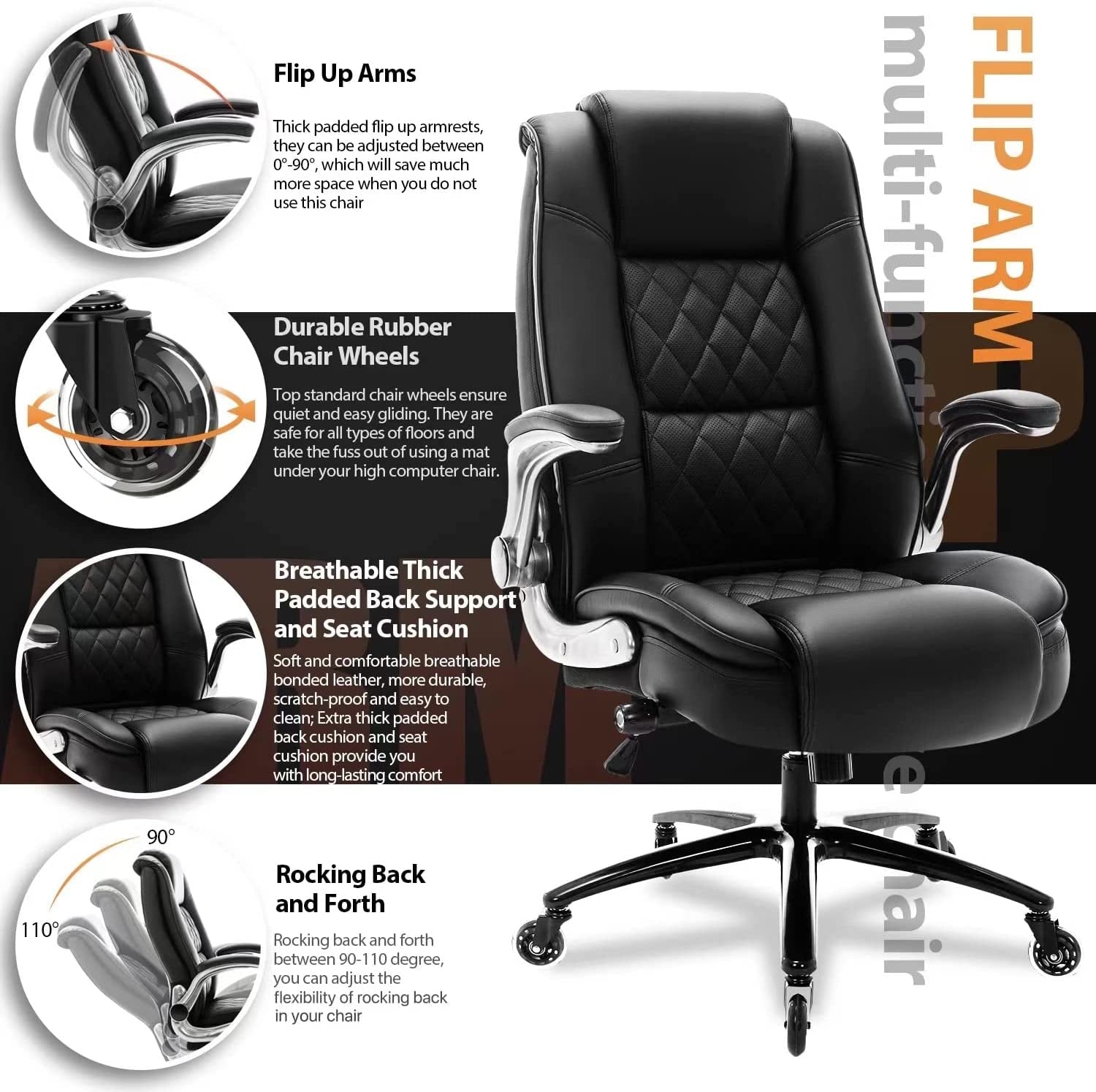 High Back Office Chair- Flip Arms Adjustable Built-In Lumbar Support, Executive Computer Desk Chair Work Chairs, Thick Padded Strong Metal Base Quiet Wheels, Ergonomic Design for Back Pain