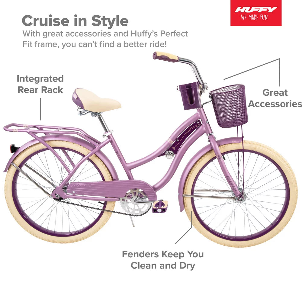 24" Nel Lusso Girls' Cruiser Bike, Purple Satin, Age 12+ Years