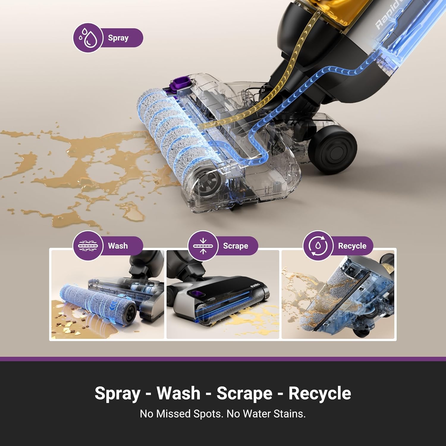 Cordless Wet Dry Cleaner, 170° Reclinable, Hot Air Drying Self Cleaning Vacuum and Mop Combo, Good for Hard Floors Pet Hair Sticky Messes, Rapidwash 630, Purple