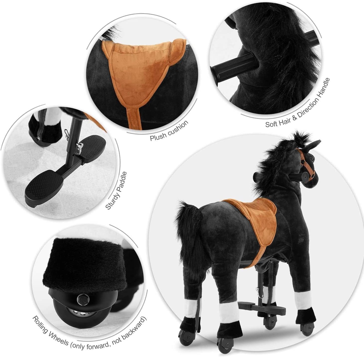 Ride on Horse for Kids, (41.33'' Height) Horse Ride on Toy, Riding Horse Rider Mechanical Walking Action Plush Animal for 7 Years Old to Adult, No Battery or Electricity, Max Load 187 LBS - BK