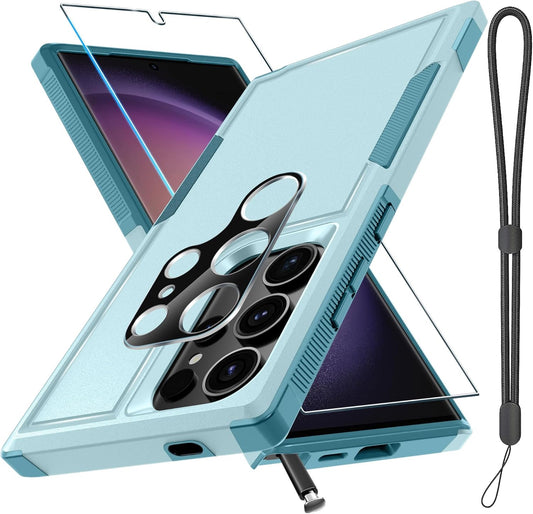 Case for Samsung Galaxy S25 Ultra, Full Body Heavy Duty Rugged Shockproof Protective Phone Cover with Lanyard Strap, Tempered Glass Screen Protector and Camera Lens Cover, Mint Green