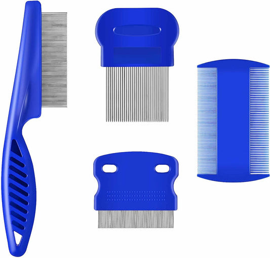 4 Pack Flea Lice Comb, Stainless Steel Dog Cat Grooming Combs with Rounded Teeth, Double Sided Professional Pet Tear Stain Remover, Dematting Tool for Small, Medium & Large Pets