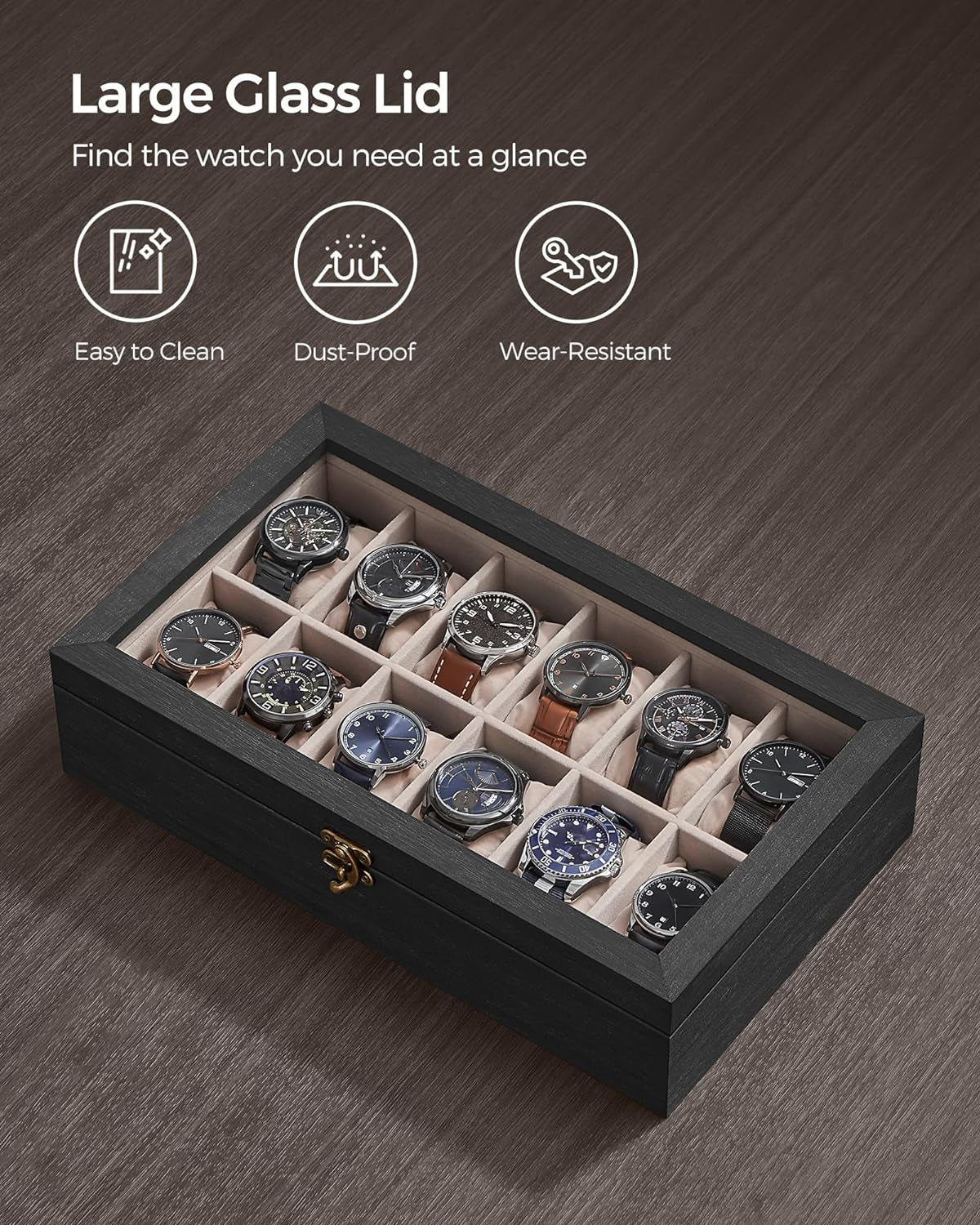 Watch Box, 12-Slot Watch Case, Solid Wood Watch Box Organizer with Glass Lid, Watch Display Case with Removable Pillows, Gift for Loved Ones, Ebony Black UJOW120B01