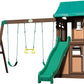 Lakewood Cedar Wood Swing Set, Covered Upper Deck with White Trim Window, Slide with Rails, Lower Fort Area with Door and Attached Bench, Swing Belts, Trapeze Bar, Stair Ladder