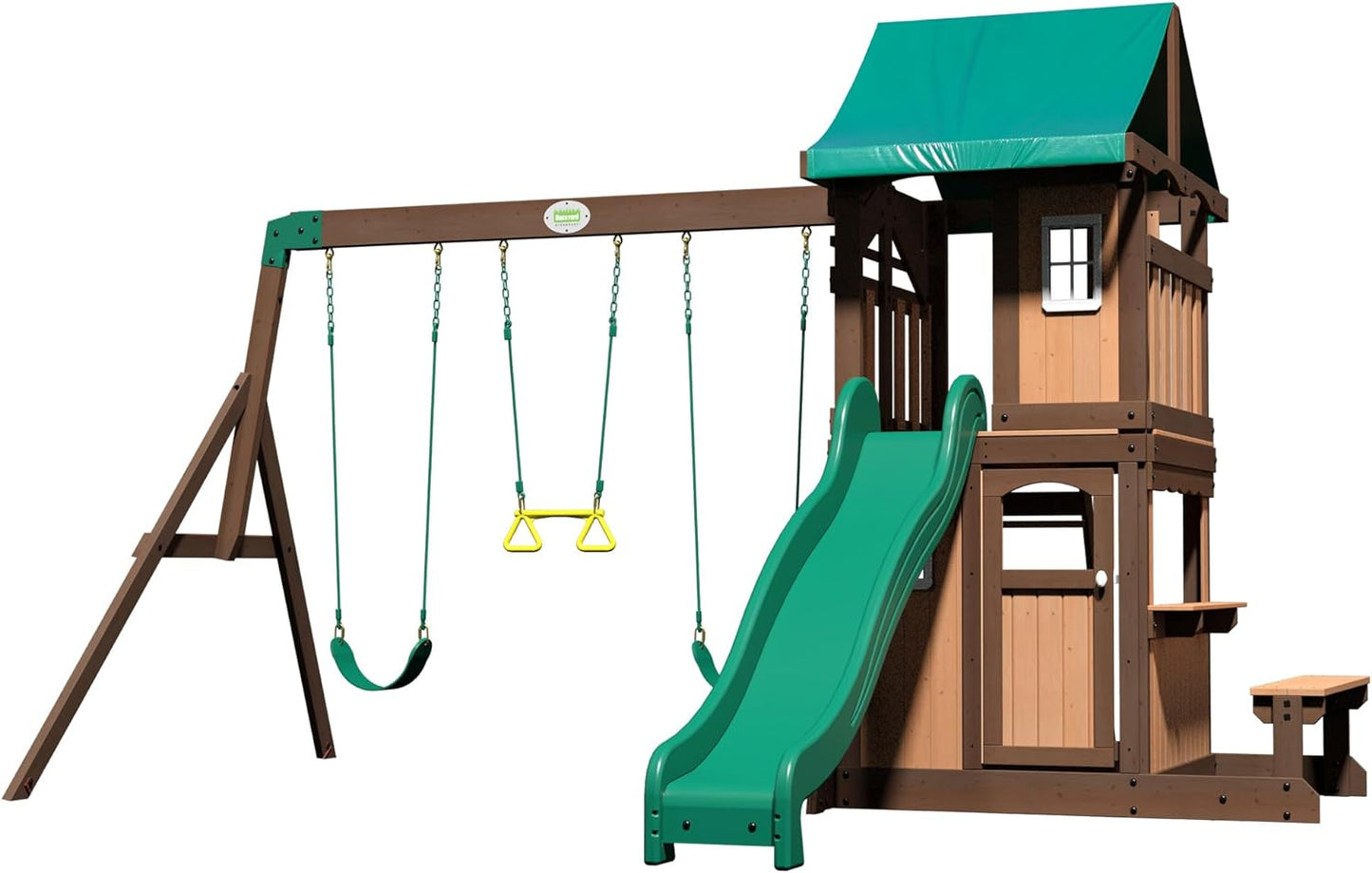 Lakewood Cedar Wood Swing Set, Covered Upper Deck with White Trim Window, Slide with Rails, Lower Fort Area with Door and Attached Bench, Swing Belts, Trapeze Bar, Stair Ladder