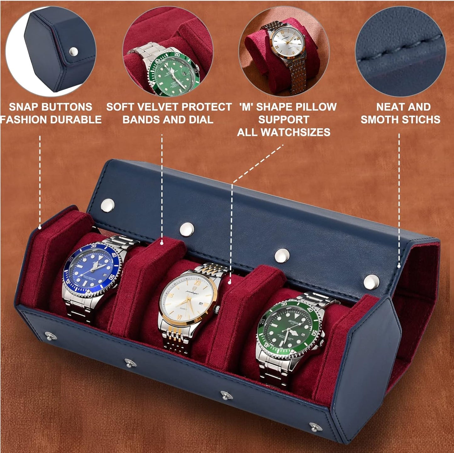 Luxury Leather Watch Roll Travel Case for Men and Women,Travel Watch Case Holds 3 Watches Storage & Display,Designed for Steel Watch Bands &Leather Metal Rubber and Bracelets