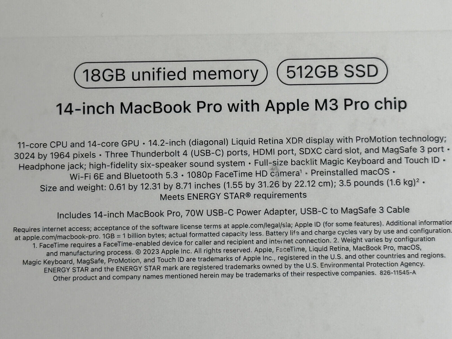 Macbook Pro 14In M3 Pro Chip 18GB RAM 512GB SSD Space Black 14.2"
