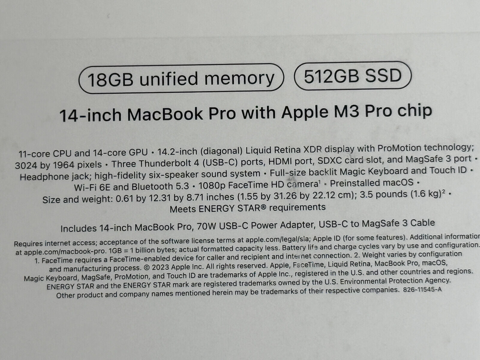 Macbook Pro 14In M3 Pro Chip 18GB RAM 512GB SSD Space Black 14.2"