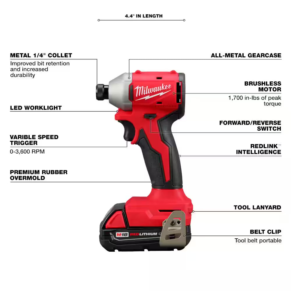 M18 18V Lithium-Ion Brushless Cordless Compact Drill/Impact Combo Kit (2-Tool) W/(2) 2.0 Ah Batteries, Charger & Bag