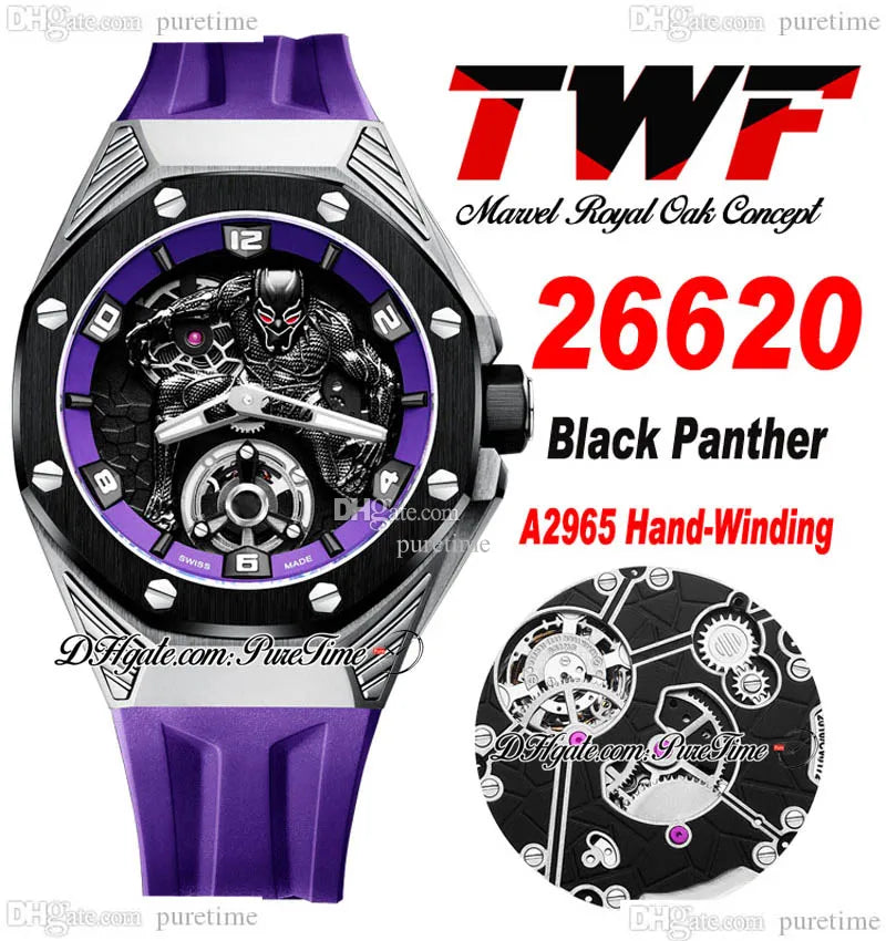 TWF 42 A2965 Hand Winding Mens Watch Tourbillon Titanium Steel Case Ceramic Bezel 3D Black Panther Dial Purple Rubber Strap 2022 Super Edition Watches Pureitme C3