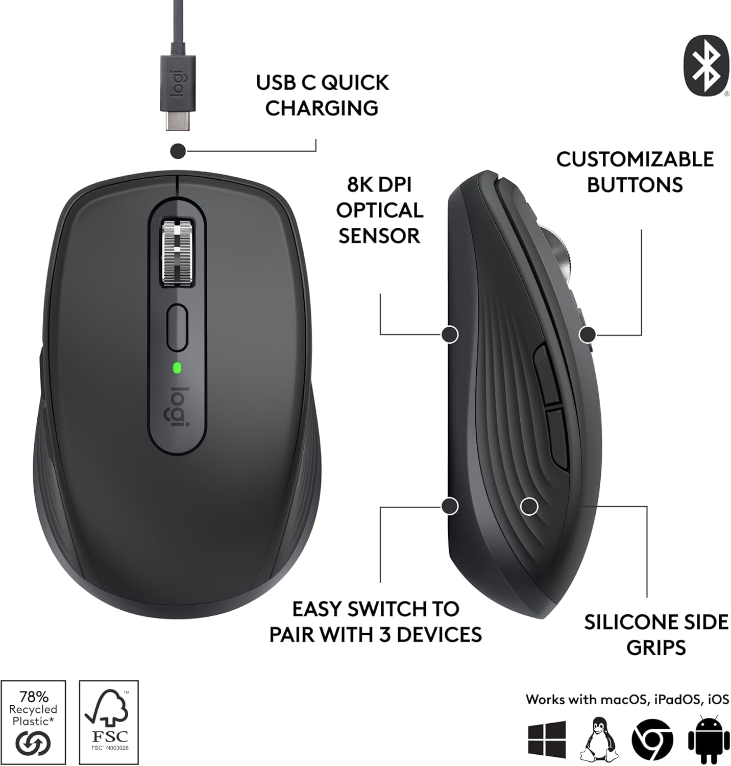 MX Anywhere 3S Compact Wireless Mouse, Fast Scrolling, 8K DPI Any-Surface Tracking, Quiet Clicks, Programmable Buttons, USB C, Bluetooth, Windows PC, Linux, Chrome, Mac - Graphite