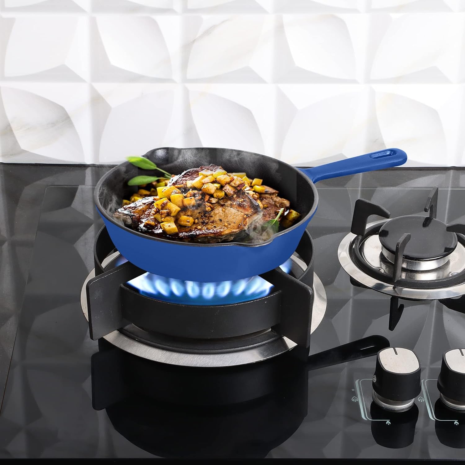 Pre Seasoned Chefs Pan Cast Iron Skillet Frying Safe Grill Cookware for Indoor & Outdoor Use (Blue, 8 Inch (Pack of 1))