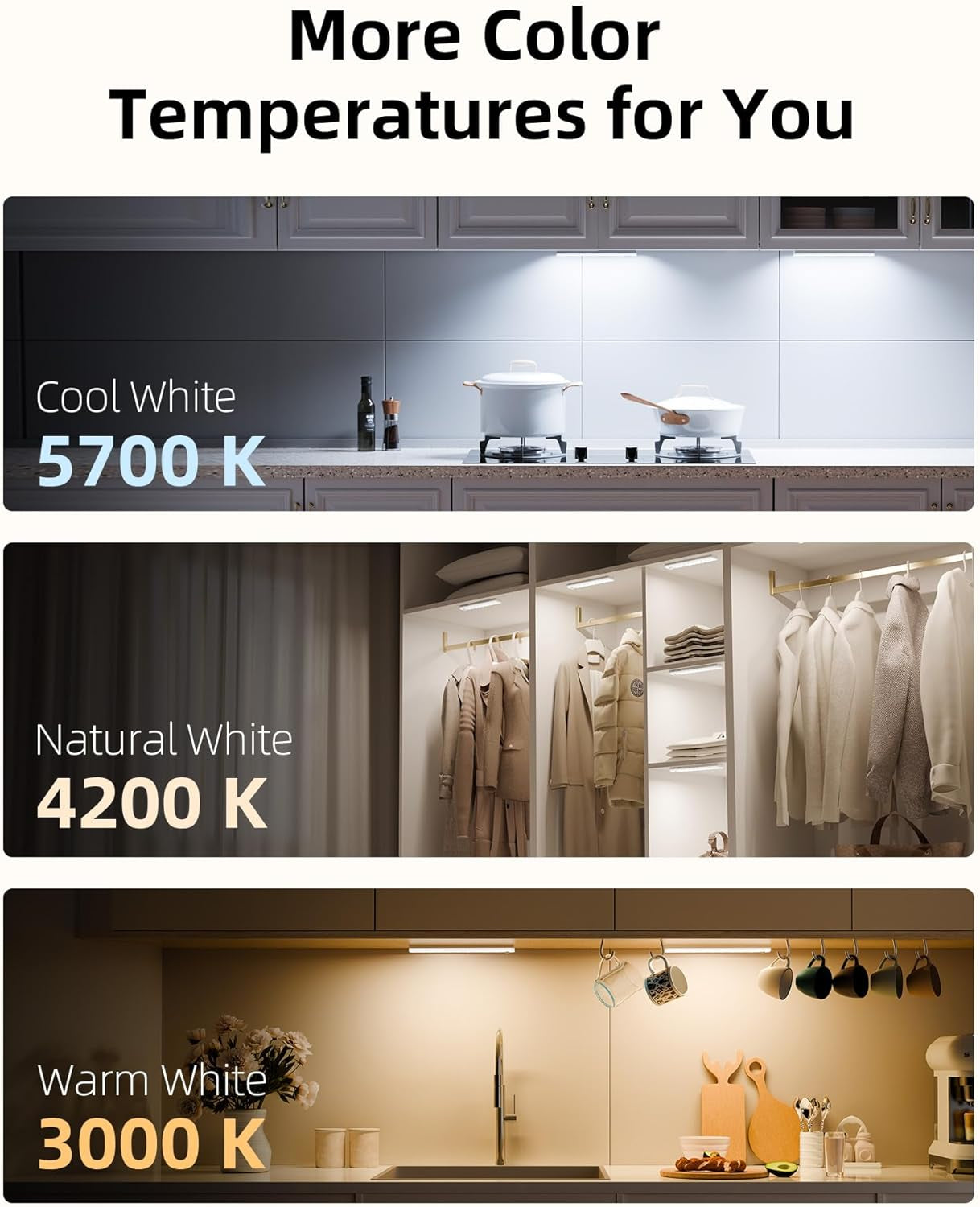 62LED under Cabinet Lighting with Charging Station 6 Pack, 2000Mah Rechargeable Battery Operated Motion Sensor Light, 3 Color Temps, Dimmable Wireless Closet Lights W/Remote for Kitchen, Pantry