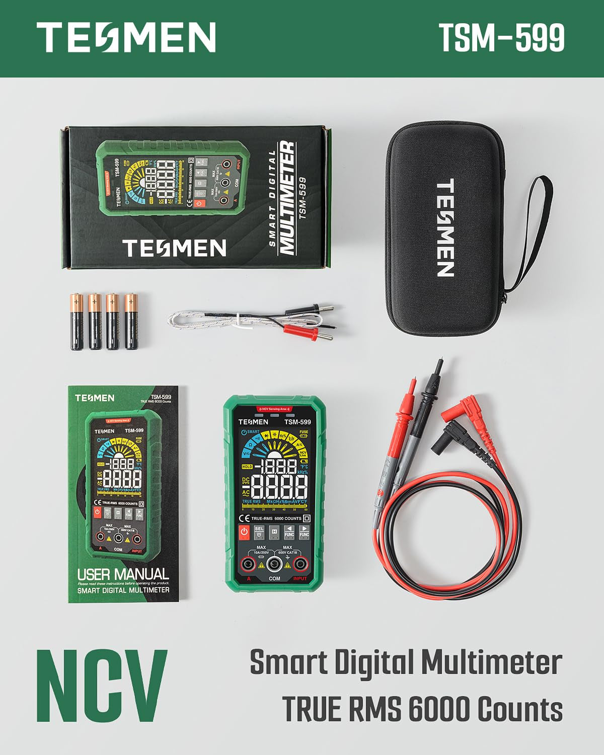 TSM-599 Smart Digital Multimeter, TRMS 6000 Counts, Voltage Tester, Volt Meter with NCV, DC/AC Voltage&Current, Resistance, Continuity, Diode, Capacitance, Hz%, Temperature, Live Wire - Green