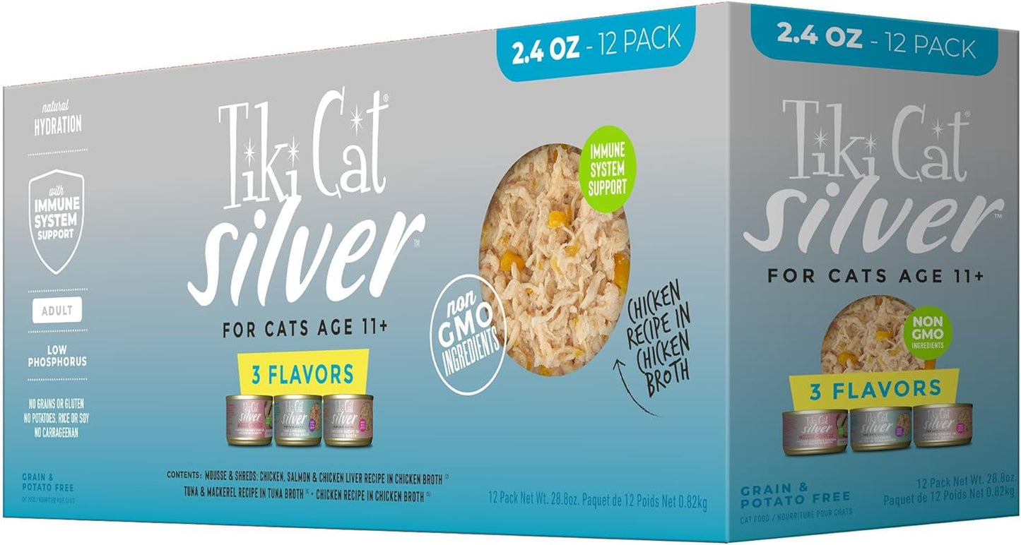 Tiki Cat Silver Variety Pack, Immune System Support Formulated for Older Cats Aged 11+, Senior Wet Cat Food, 2.4 Oz Cans (Pack of 12)